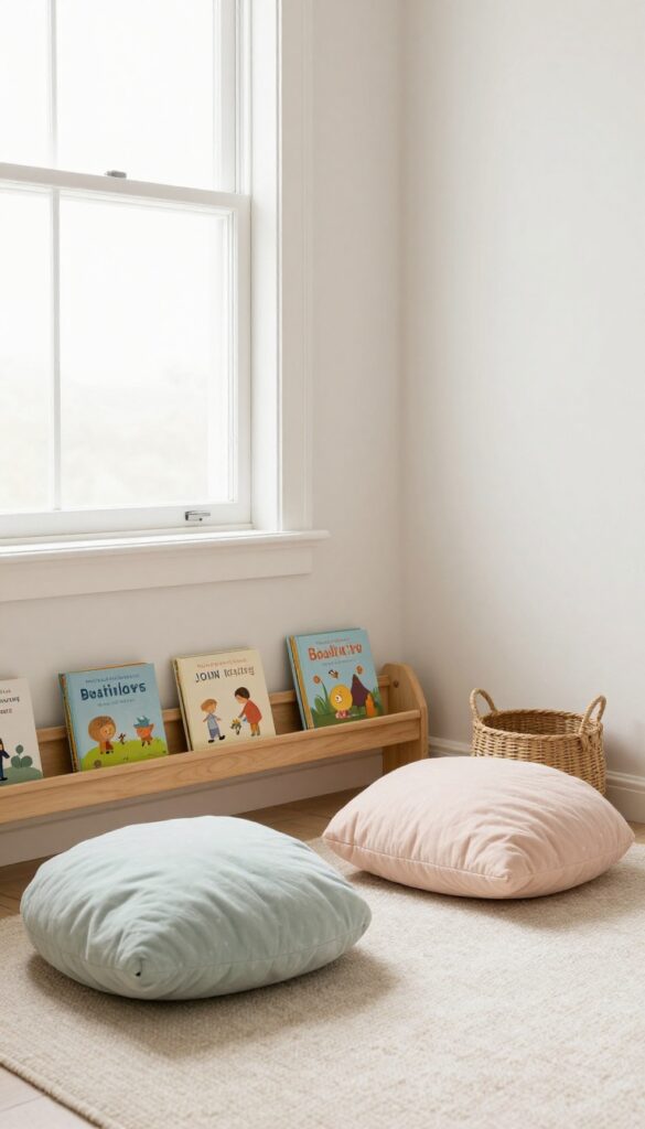 Cozy toddler girl reading nook with plush floor cushions and a low book ledge in a bright corner filled with natural light