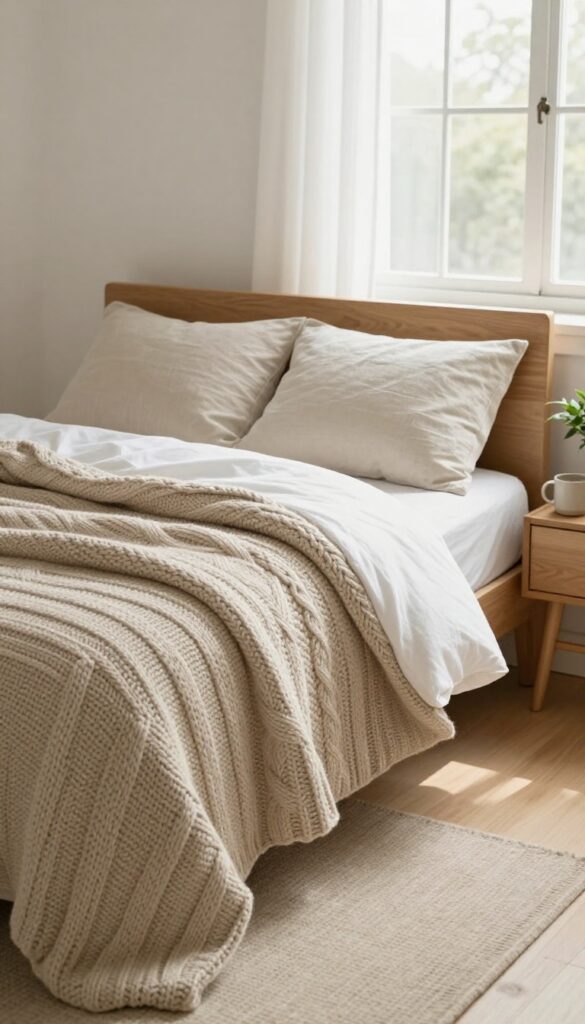 Cozy minimalist bedroom with a chunky oatmeal knit comforter on a bed with simple white sheets and neutral pillows in bright natural light