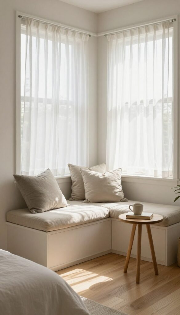 Cozy bay window reading nook in a bright bedroom with a custom cushioned bench, neutral throw pillows, and a small side table in soft morning light