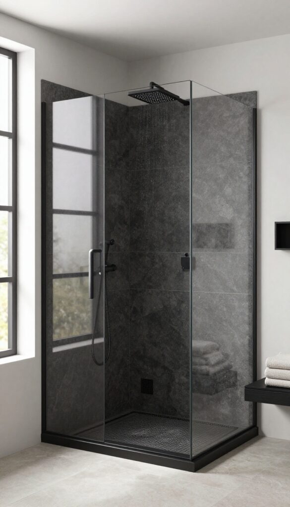 Bright modern bathroom with an open black walk-in shower featuring matte black fixtures, large dark tiles, and no glass panel or door, in clean natural light