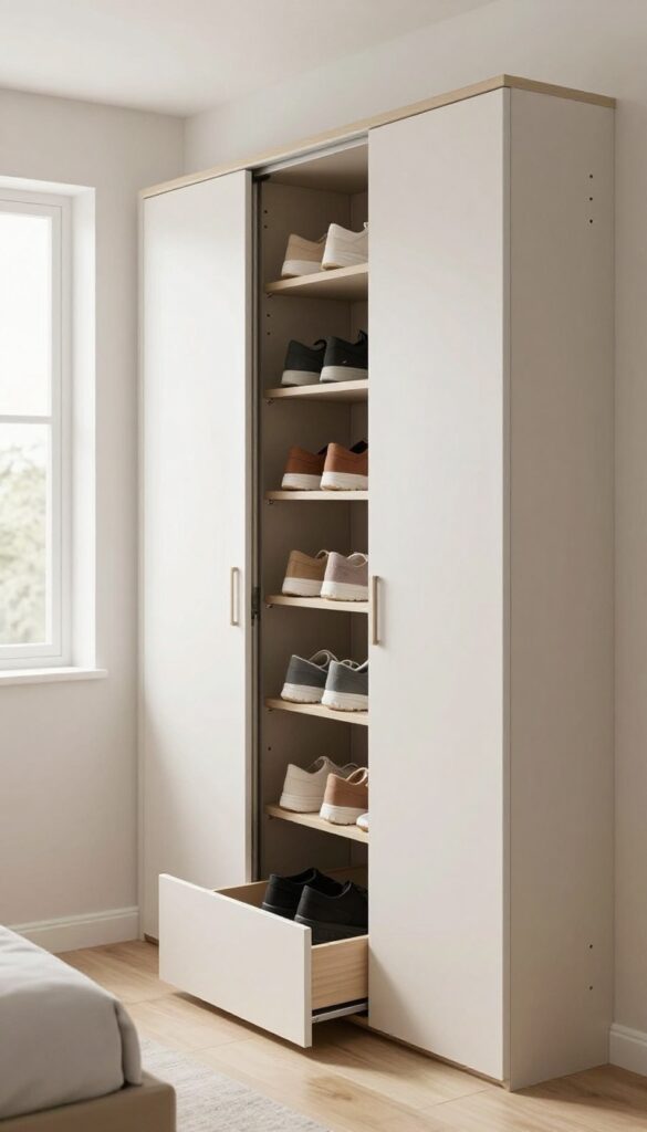 Bright modern bedroom with an open sliding wardrobe cupboard showing angled shoe racks and a pull-out drawer of neatly organized shoes in neutral tones