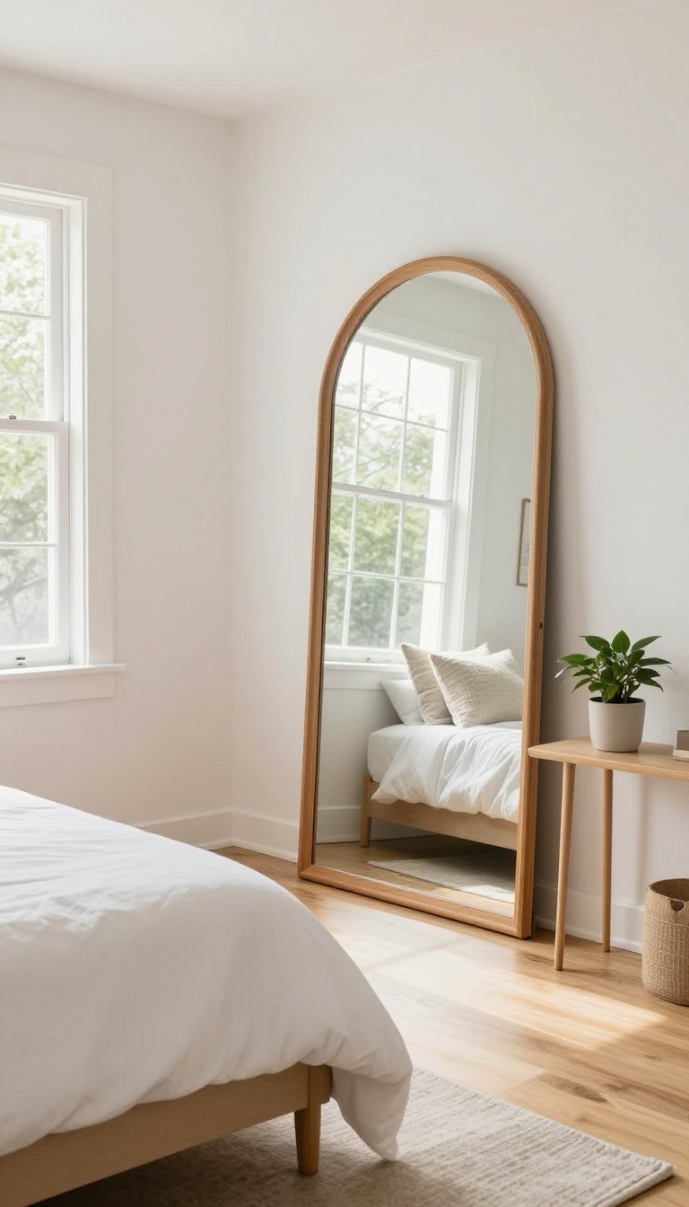 Bright small bedroom with a large arched floor mirror leaning against the wall opposite a sunlit window, reflecting natural light across a neatly made bed and neutral decor