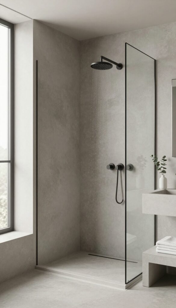 Seamless concrete walk-in shower with a continuous microcement surface, matte black fixtures, and soft natural light in a modern bathroom