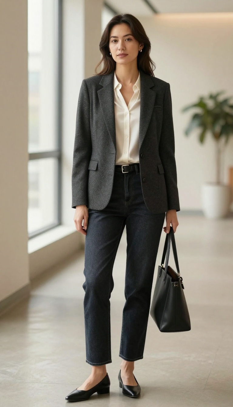 1. Dark Straight-Leg Jeans with a Structured Blazer
