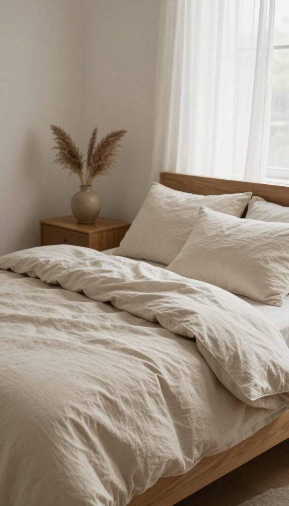 Cozy bedroom with neutral beige floral linen bedding on a wooden bed, styled with minimal accessories and soft natural light