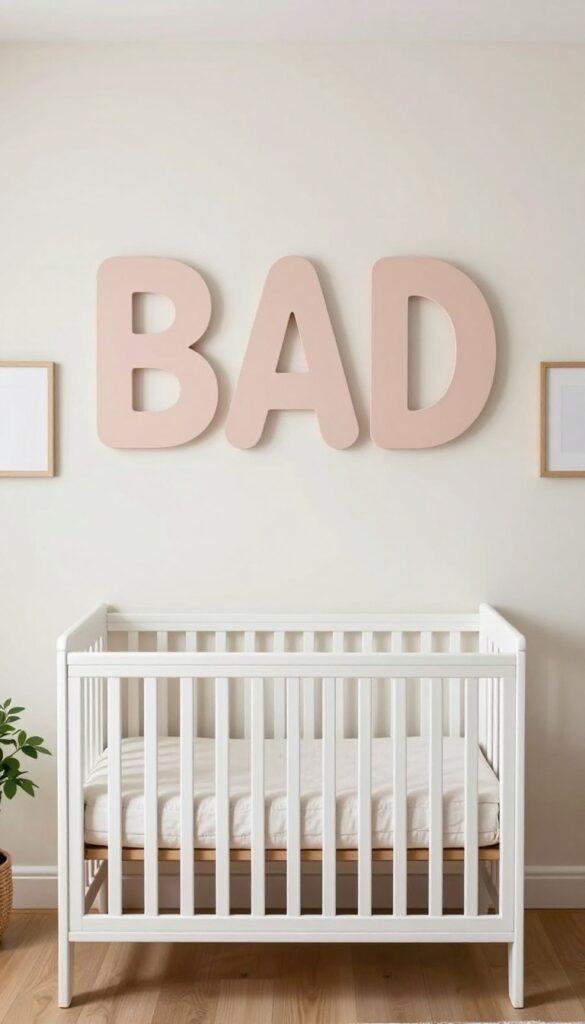 Bright baby girl nursery wall with a custom wooden name sign above a white crib, flanked by small blank framed prints in a clean symmetric arrangement.