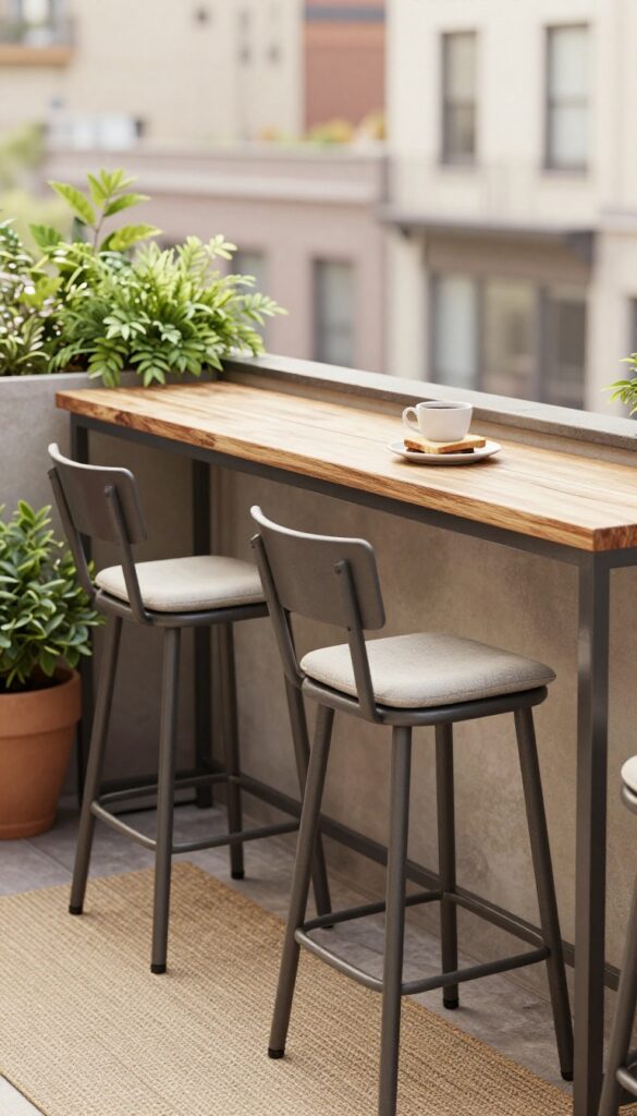 Compact balcony bar with a railing-mounted wood table, two tucked-in stools, coffee and toast, and a small outdoor rug on a sunny urban balcony