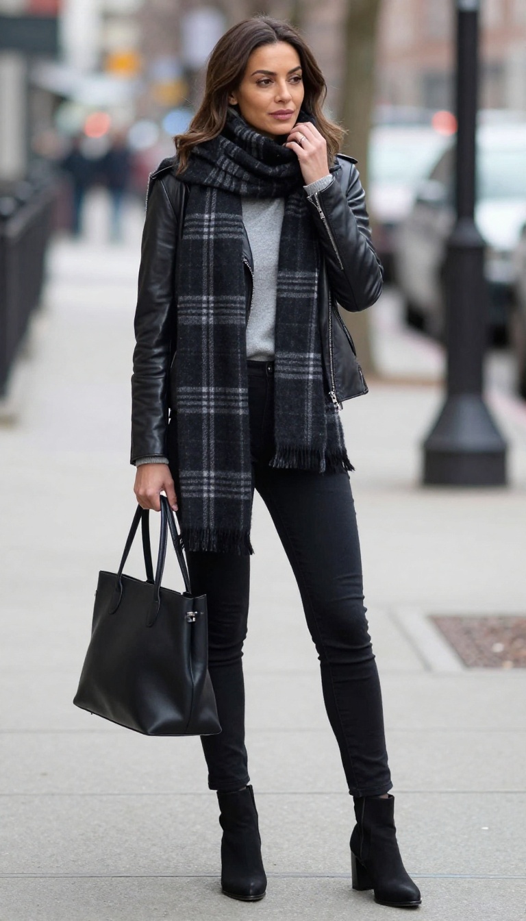 6. Black Jeans + Leather Jacket + Plaid Scarf
