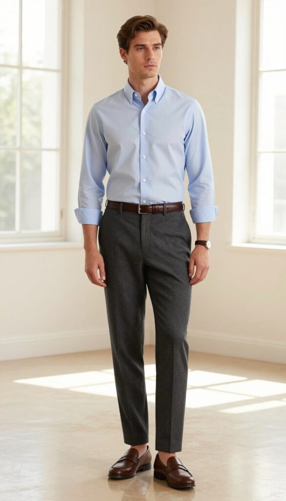 Man in light blue oxford shirt and charcoal trousers with brown leather belt and penny loafers in a bright room