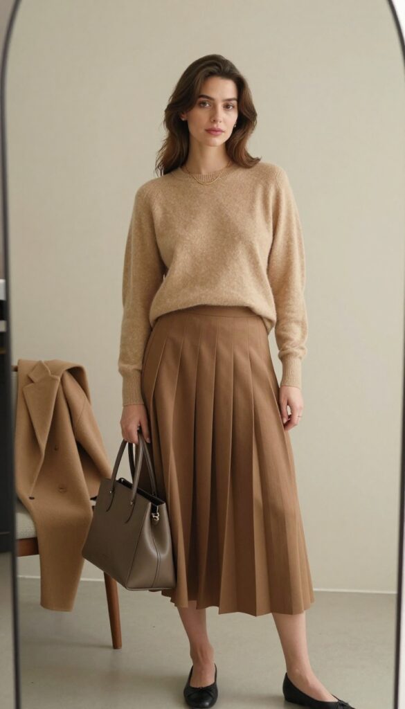 Woman in camel cashmere sweater and pleated midi skirt taking a mirror selfie, wearing ballet flats and gold necklace, in a bright room.