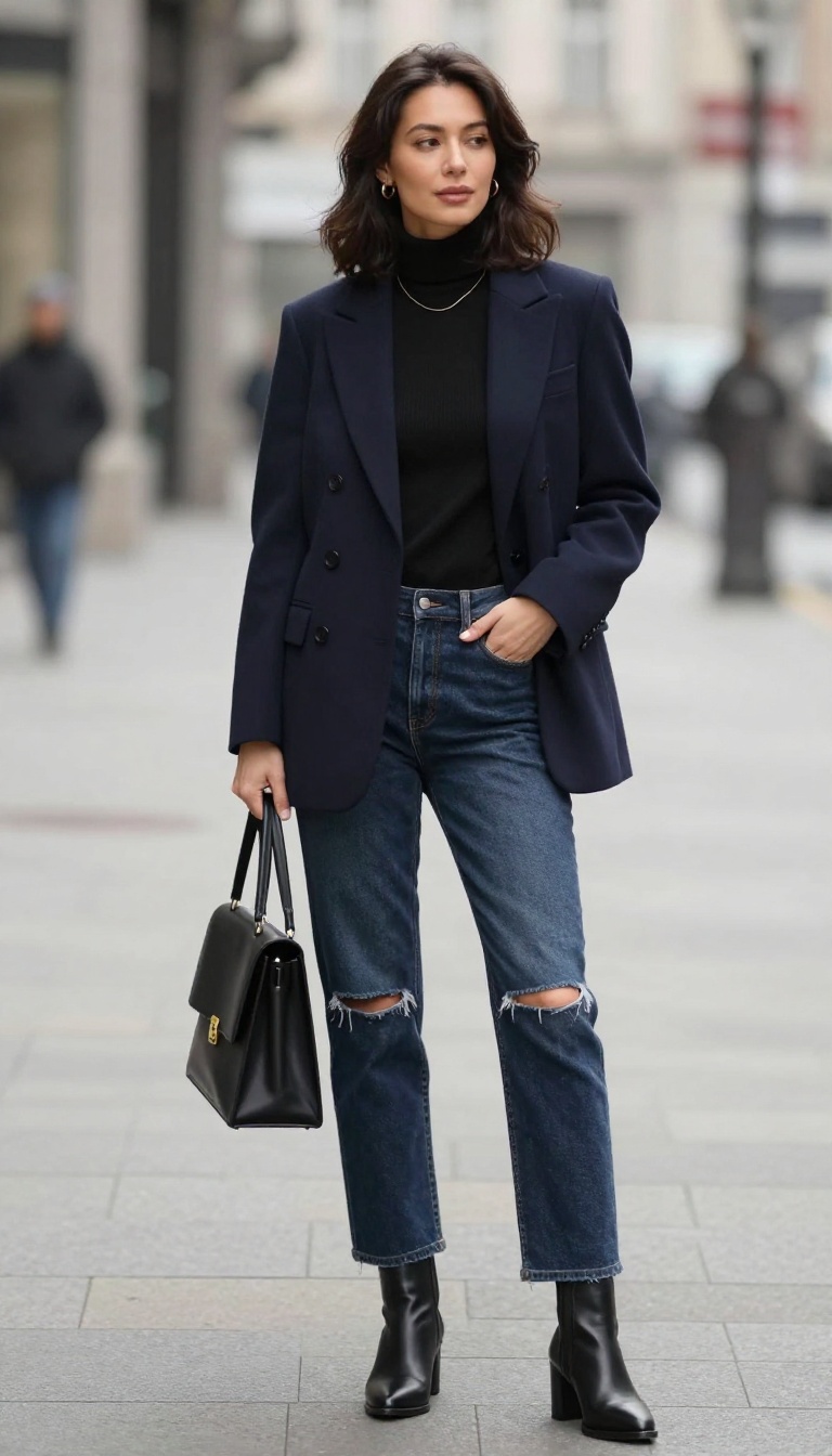 9. Distressed Jeans + Blazer + Heeled Ankle Boots