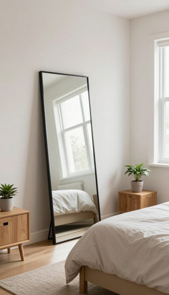 A bright small bedroom with a tall slim-framed mirror leaning against the wall opposite a sunlit window, reflecting light to make the room look larger and airier.