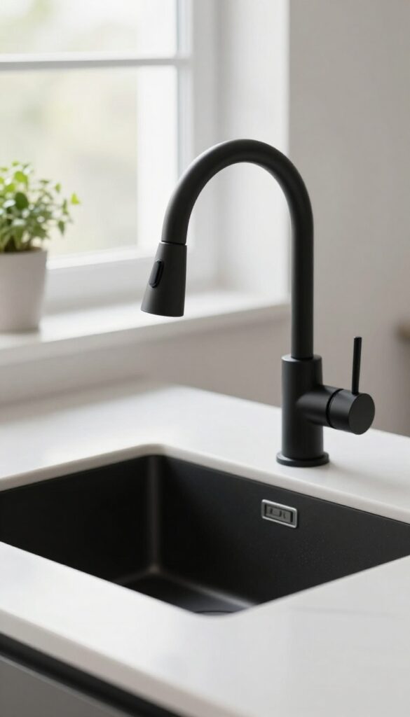 Matte black high-arc kitchen faucet with pull-down sprayer on a bright modern countertop