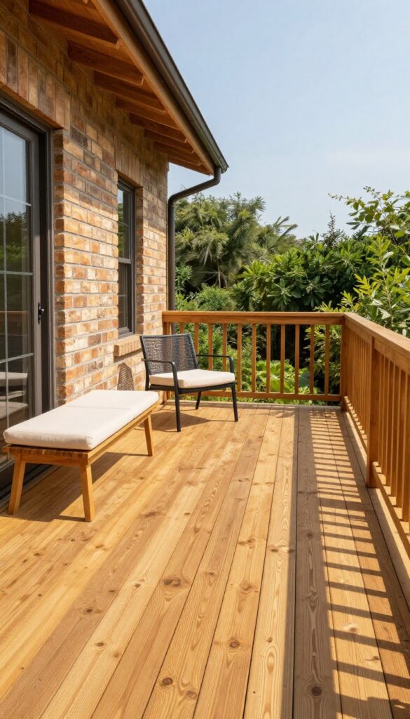 Warm cedar-stained wood deck with natural grain, neutral cushions, black metal furniture, and green landscaping in bright daylight