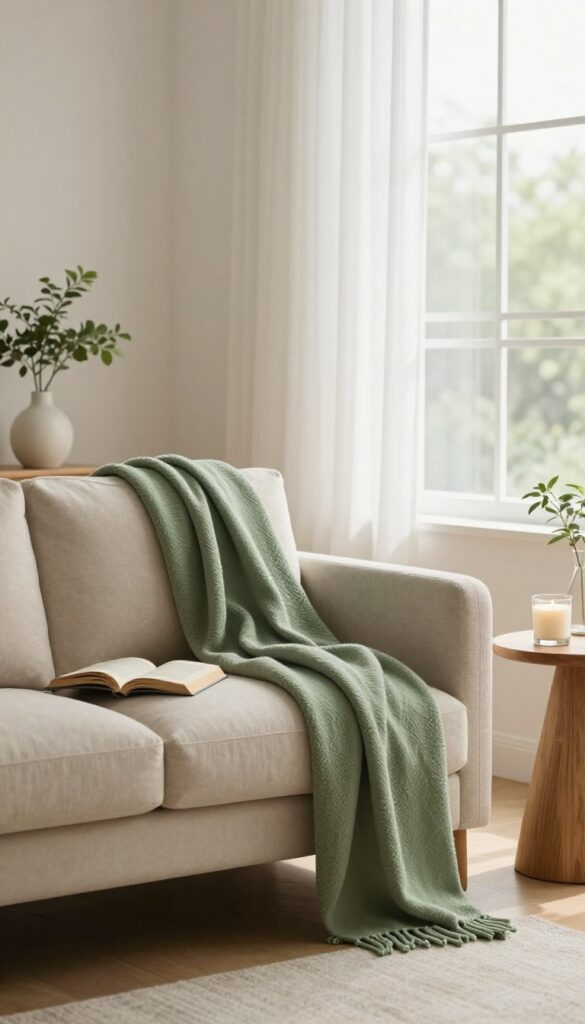Cozy bright living room sitting area with a comfortable armchair, draped throw blanket, open book, candle, and a few personal decorative objects in natural light