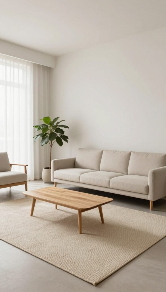 Bright modern small living room with a large neutral low-pile rug anchoring the sofa and chairs, creating one cohesive seating area