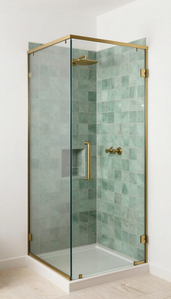 Modern bathroom shower cubicle with a green textured zellige feature tile back wall behind clear glass, surrounded by simple white walls and bright natural light