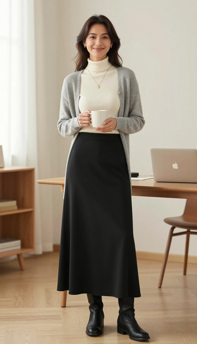 12. Long Black Skirt with a Turtleneck and Longline Cardigan