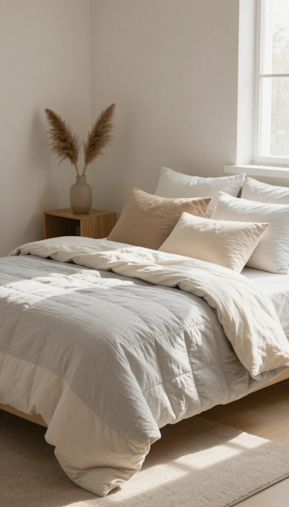 Layered neutral bedding on a bright bedroom bed with cream, beige, and soft gray tones, textured quilt, folded duvet, and mixed pillows in warm natural light.