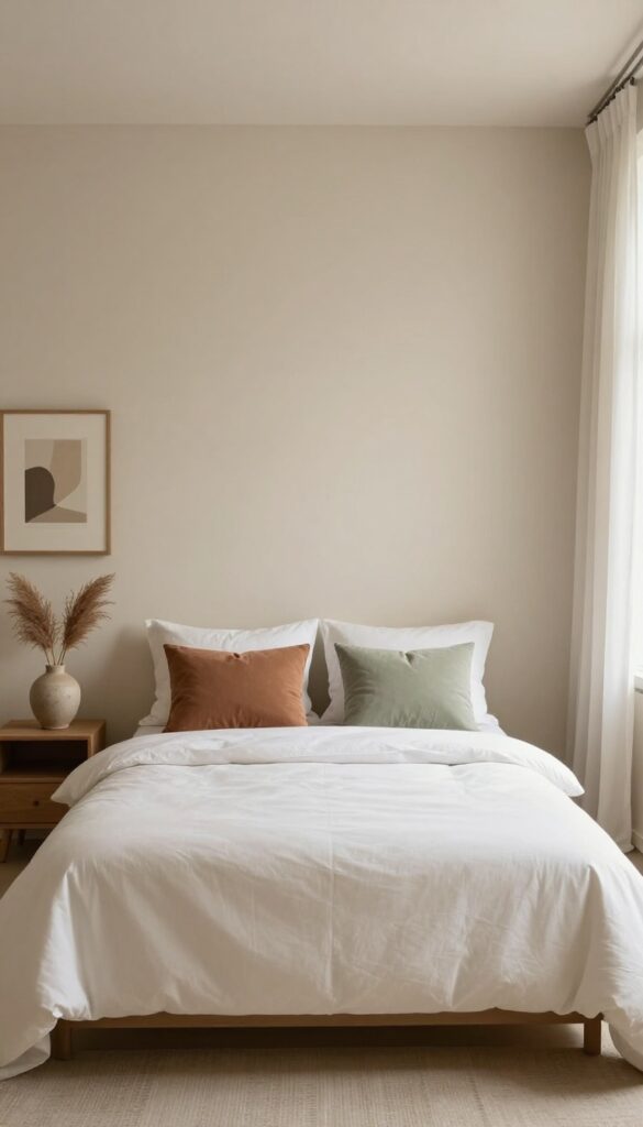 Bright neutral shared bedroom with soft beige walls, simple bedding, balanced terracotta and sage accent pillows, and small personal decor touches on each side