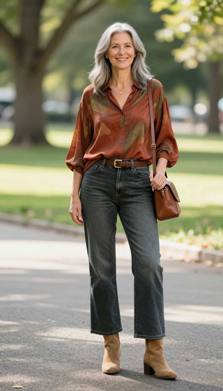 1. The Modern Boho: Wide-Leg Jeans & Flowy Blouse