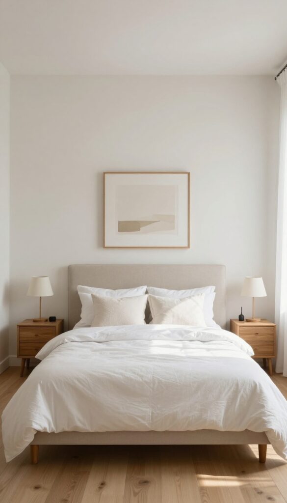 Bright bedroom with a centered bed on a long wall, upholstered headboard, matching nightstands, lamps, and framed artwork hung just above the headboard.