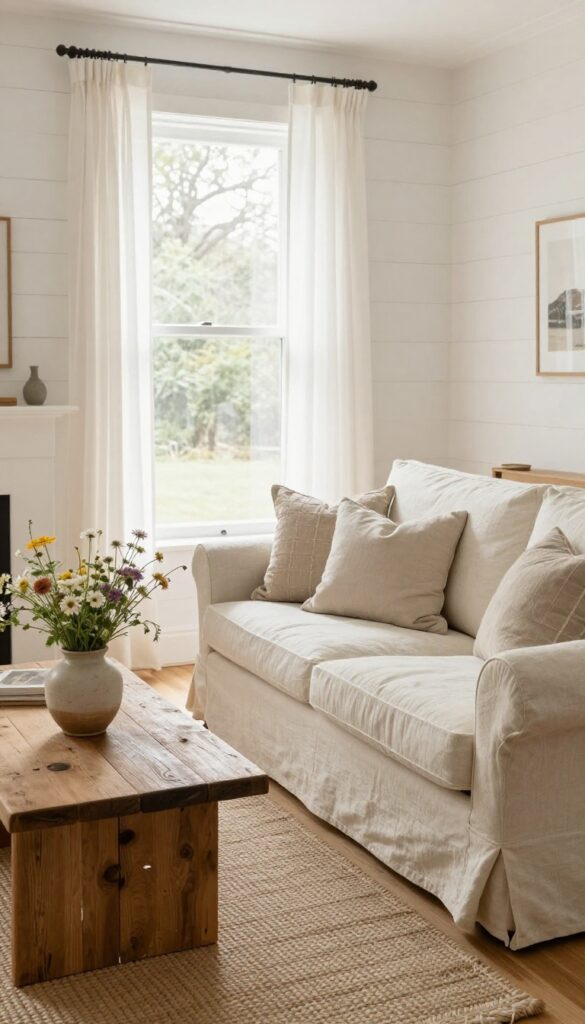 Bright cottage living room with a cream linen slipcovered sofa and matching armchair in relaxed wrinkled fabric, textured throw pillows, rustic wood coffee table, and natural light from a large window