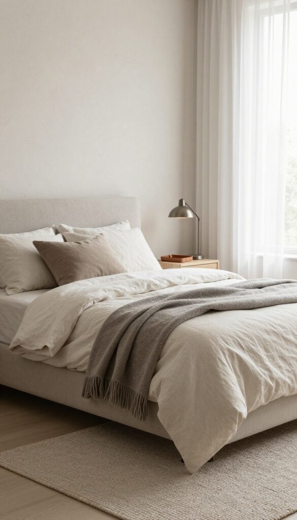 Modern neutral bedroom with layered beige, warm gray, off-white, and taupe textiles, wood nightstand, and soft natural light