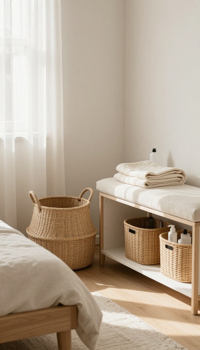 Cozy neutral bedroom with woven seagrass, jute, and rattan baskets used for relaxed storage under a nightstand and on open shelves