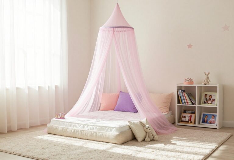 Bright princess-themed toddler bedroom with a sheer canopy over a cozy reading corner, soft pink and lavender decor, and natural light