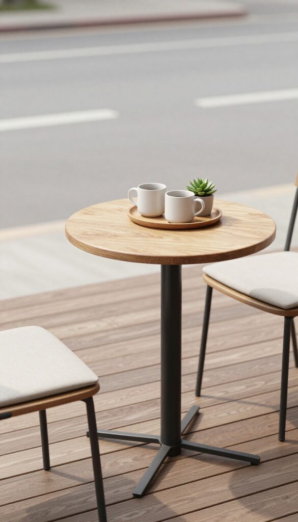 Small wooden deck with a round bistro table, two slim chairs, coffee mugs, and a potted plant in bright natural light