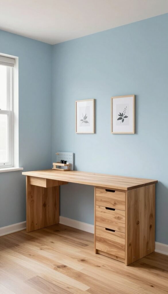 Bright boys bedroom with a modern wall-mounted floating wood desk, slim drawer organizer, pegboard, and a compact chair tucked underneath, leaving the floor open and uncluttered.