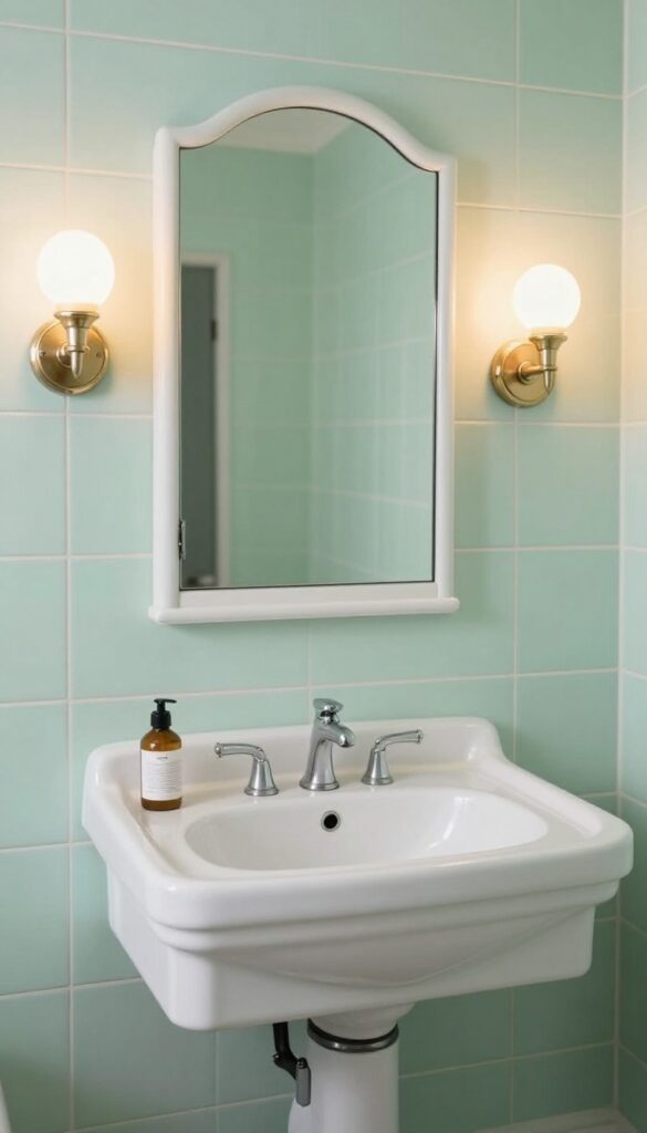 Vintage-style medicine cabinet with a mirrored door and slim chrome trim mounted above a white sink in a bright retro bathroom, framed by wall sconces and soft mint tile.