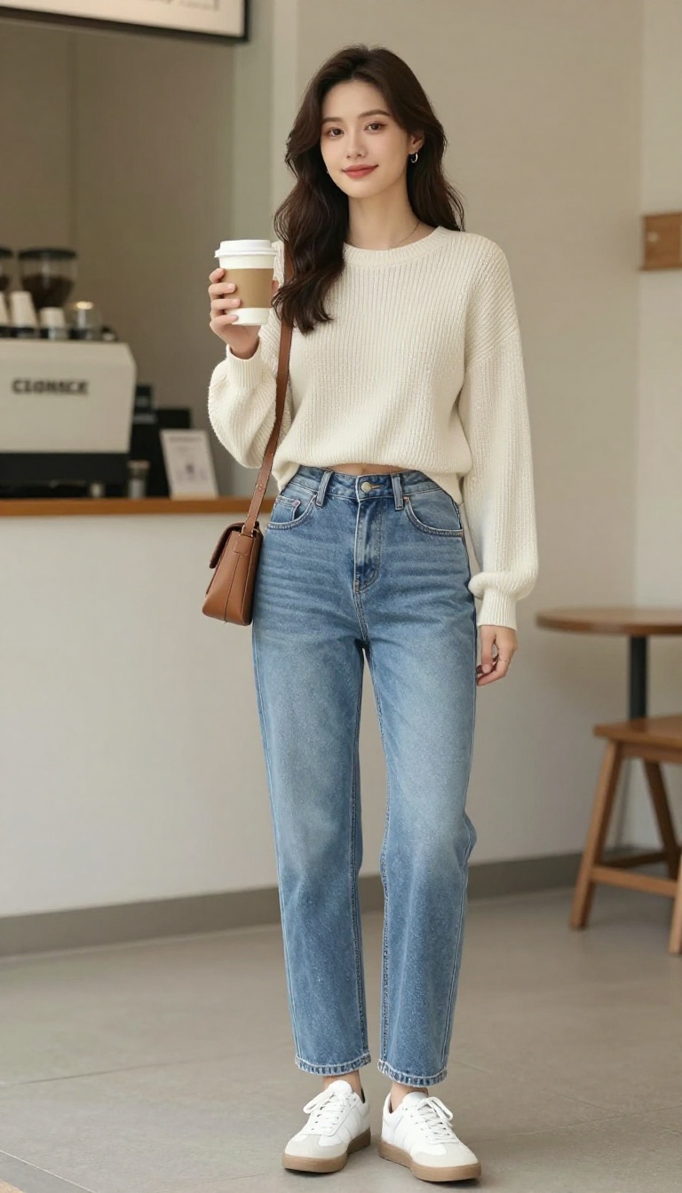 3. High-Waisted Mom Jeans + Cropped Sweater