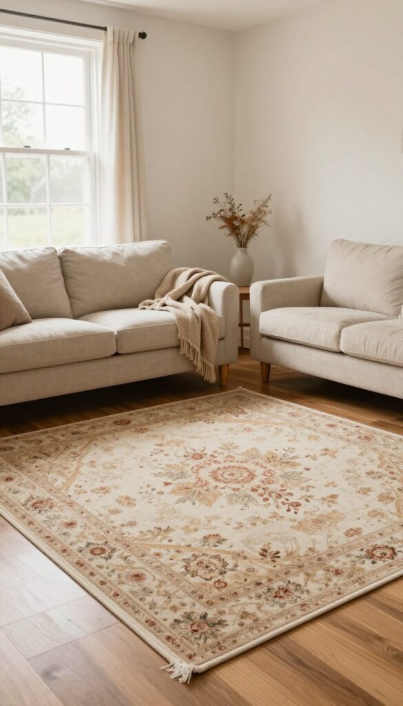 Cozy cottage living room with a large faded floral vintage rug anchoring a linen sofa and armchairs on warm hardwood floors in bright natural light