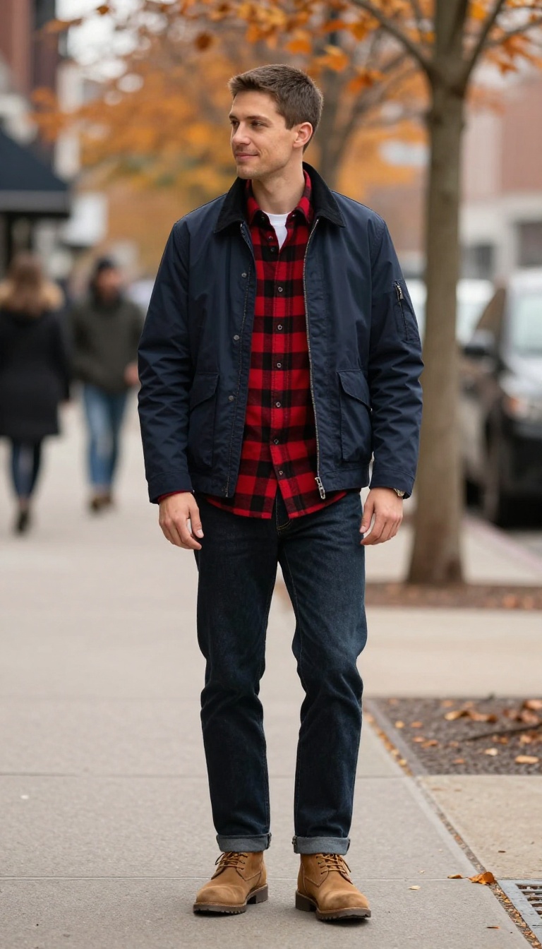4. The Weekend Uniform: Harrington Jacket, Flannel Shirt, and Straight-Leg Jeans