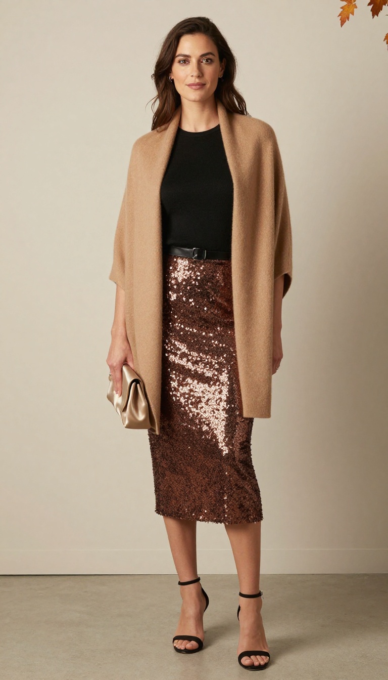 14. Sequin Skirt with a Satin Belt and Cashmere Wrap