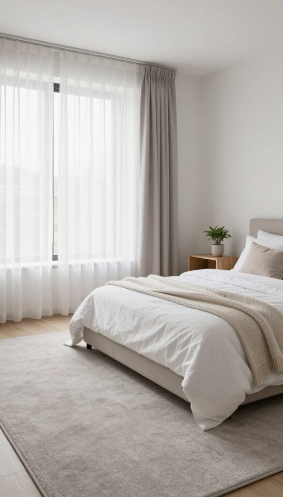 Modern bedroom with light warm-gray carpet, white trim, white bedding, textured throws, and wood accents in bright natural light