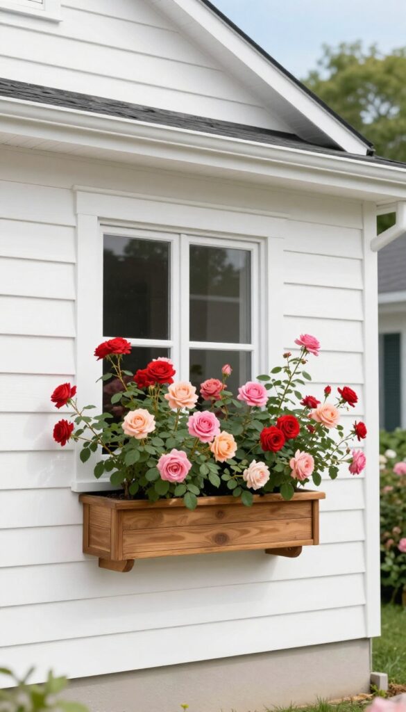 Wooden window boxes filled with colorful blooming roses mounted below the front windows of a bright suburban house, adding elevated curb appeal