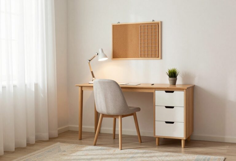 Bright cozy teen girl bedroom study corner with a tidy desk, soft chair, warm lamp, blank pinboard, and natural light