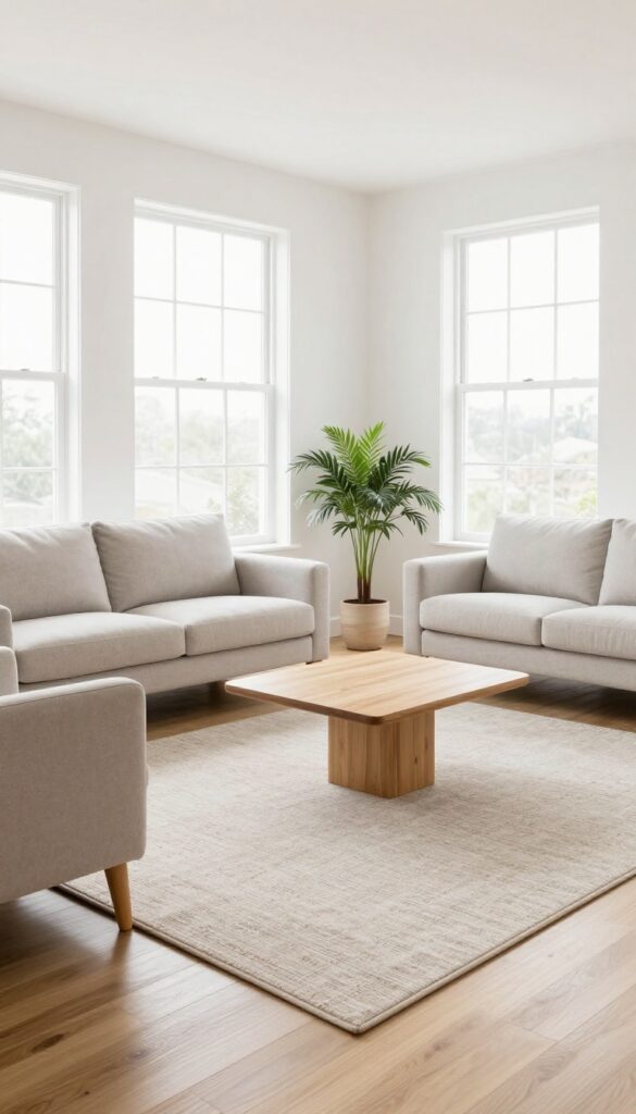 Bright square living room with a large neutral area rug centered beneath a sofa and armchairs, anchoring the furniture in balanced natural light