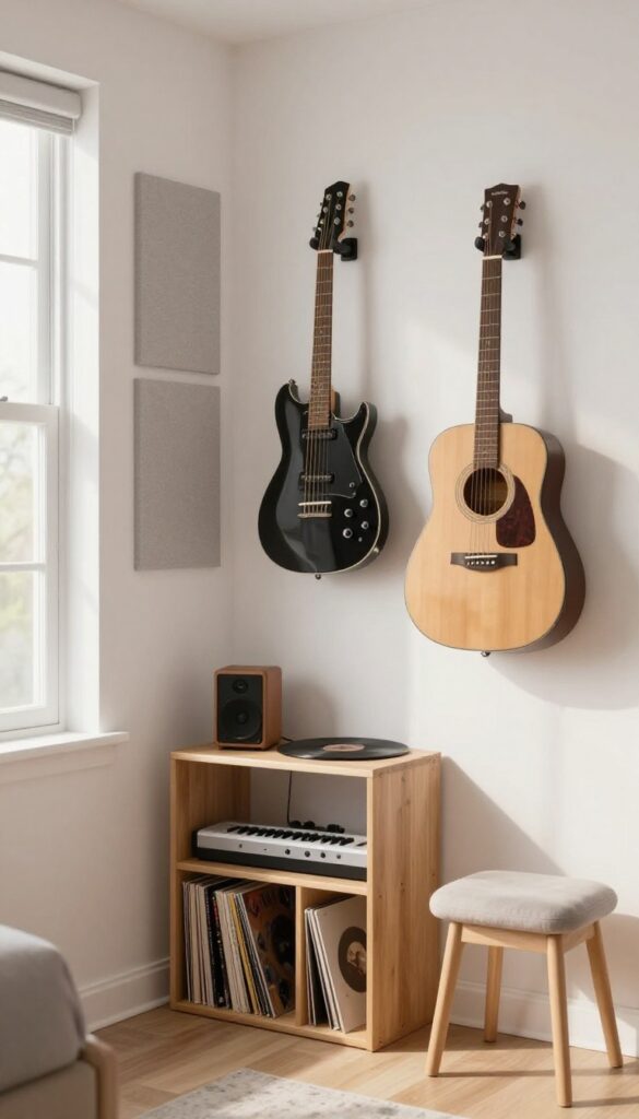 Bright teen boy's bedroom music corner with wall-mounted guitars, a keyboard, a small shelf with a speaker and vinyl records, and neutral acoustic panels in natural daylight