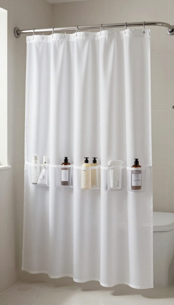 Small bright bathroom shower with a white shower curtain featuring built-in pockets holding travel-sized toiletries evenly spaced