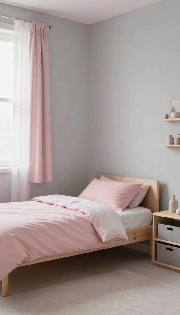 Bright kids bedroom with warm gray walls, pink bedding and accents, and gray storage shelves in a calm, balanced pink and gray color scheme.