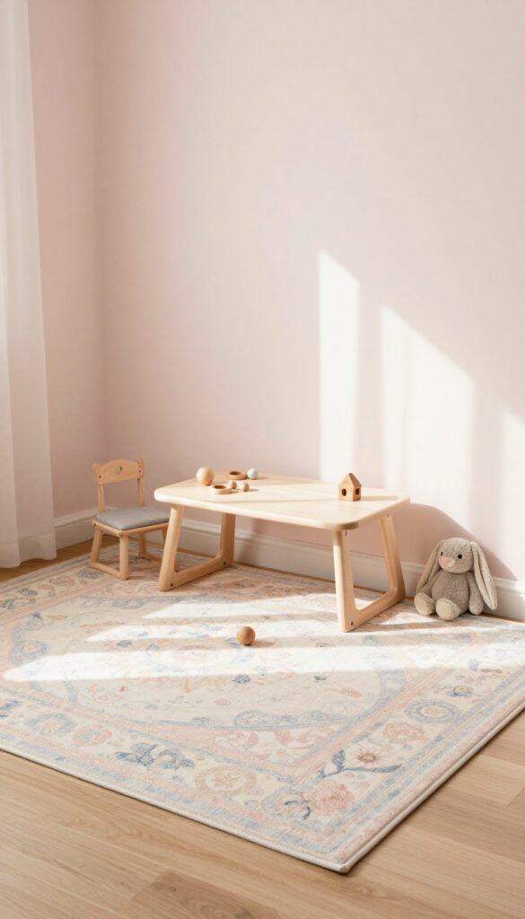 Bright toddler girl bedroom with a large soft pastel patterned rug defining a cozy play area on hardwood floors, with wooden toys and a plush bunny resting on it under natural light.