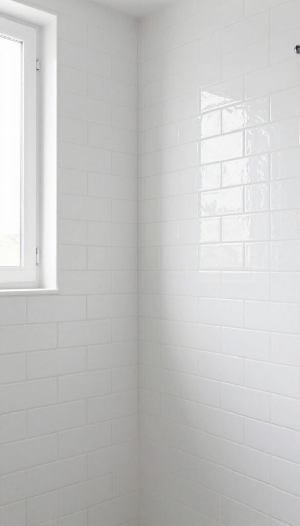 Bright bathroom shower wall with white rectangular subway tiles laid in a herringbone pattern, creating subtle zigzag movement in natural light.