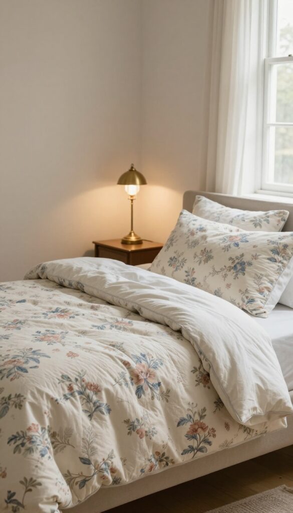Vintage-inspired bedroom with muted blue rose floral bedding on a cream background, a textured quilt at the foot of the bed, and an antique brass lamp in soft natural light
