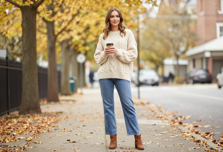 Woman wearing a cream cable-knit sweater and wide-leg jeans with ankle boots, standing on a fall sidewalk.