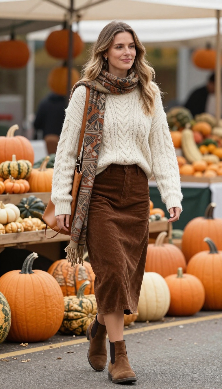 1. Chunky Cable-Knit Sweater and Brown Corduroy Midi Skirt