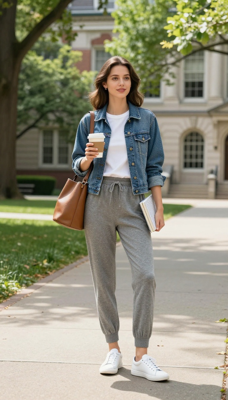 11. The Travel-Ready Look: Joggers and a Denim Jacket